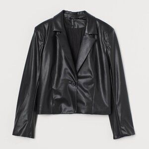 H&M Black Faux Leather Single Button Crop Blazer Jacket Minimalist Short Boxy XS